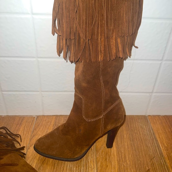 Suede Tan Brown Heel Fringe Boots Boho Western Kitten Heel tall leather - Picture 1 of 12